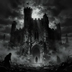 bloodborne and silent hill, castle ruins, volumetric fog, god rays, shadowy figures lurking, stark lighting, by Brom, artstation.