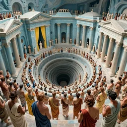 pov in a crowd of people with toga in ancient neoclassical buildings, light blue troglodyte temples with yellow drapery in a deep spiral pit by piranesi, cinestill 8 0 0 t 3 5 mm, high quality, deep fractal by boticelli