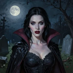 Riveting Charismatic female vampire Pandora, portrait, atmospheric lighting, painted, intricate, Highgate cemetery, volumetric lighting, beautiful, moon light, sharp focus, ultra detailed, by Leesha Hannigan, Ross Tran, Thierry Doizon, Kai Carpenter, Ignacio Fernández Ríos