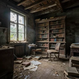 abandoned 1 7 0 0's dusty attic with old library covered by dust and cobwebs, rotten wood, dusty dirty floor, lights through old dusty broken windows, books and newspapers on the floor, hyperdetailed, artstation, cgsociety, 8 k