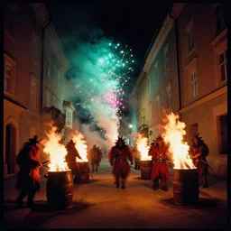 kodak portra 4 0 0, winter, hellfire, award winning dynamic photograph of a bunch of hazardous krampus between fire barrels by robert capas, motion blur, in a narrow lane in salzburg at night with colourful pyro fireworks and torches, teal lights