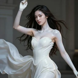an fierce nubile young woman with long dark hair, painted in futuristic white latex, waves of billowing doily dress, clear skin, elegant, graceful, fashionable, cinematic, hyperdetailed illustration by irakli nadar and alexandre ferra, depth of field, global illumination,