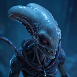 hyperrealistic close-up alien! highly detailed concept art eric zener elson peter cinematic hard blue lighting high angle hd 8k sharp shallow depth of field, inspired by David Paul Cronenberg and Zdzisław Beksiński