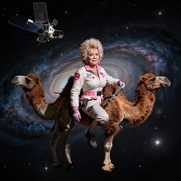 Dolly Parton is in space, a camel floating in space, James Webb Space Telescope, photograph, dark matter, galaxies, 50mm, depth of field, photo realistic