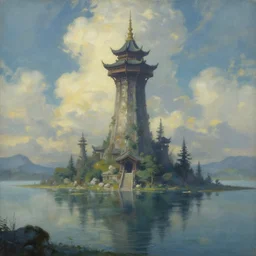 a painting of a mystical tower in the middle of a lake, a detailed matte painting by tyler edlin, pixiv contest winner, fantasy art, concept art, trending on artstation hq