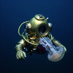 a dimly lit underwater scene featuring an old brass divers helmet with jellyfish tentacles wrapped around it