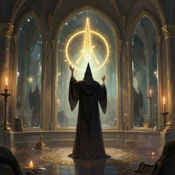 mirror wall room, magic spell, male wizard, casting spell, ceremony, sabbath, artstation