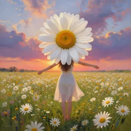 head made of giant daisies, girl standing barefoot in a vast flower field, arms outstretched, surreal photography, sunrise dramatic light, impressionist painting, colorful clouds, large sky, digital painting, artstation, simon stalenhag, flower face
