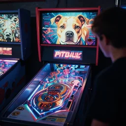 pitbull playing a pitbull themed pinball machine, over the shoulder perspective, in 1 9 8 5, y 2 k cybercore, industrial low - light photography, still from a kiyoshi kurosawa movie