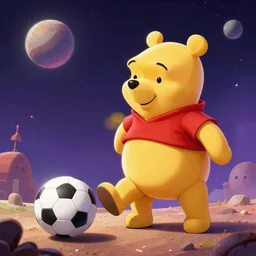 Winnie the Pooh playing football and losing in space, Cyberpunk digital art