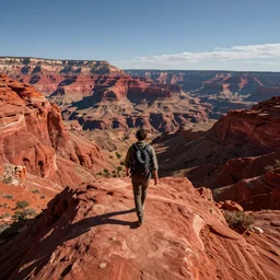 a hyper detailed photo of walking across a summit of a beautiful red canyon range, hdr volume light concept studio matte painting environement, photorealistic, unreal engine 5, 8 k post production, cinematographic, ray tracing, v - ray, octane render, go pro, artstation trending, concept art