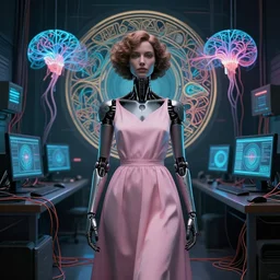 symmetric, a dark woman android in a pastel pink dress, in a room full of neural networks and wires and computers, dark sci - fi, ai, 4 k realistic, artem demura. alphonse mucha