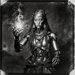intricate wearied off platinotype distresses vintage bw photo of a cyberpunk cyborg shaman doing magic