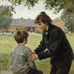 modern day depiction of the residential counselor helping a kid, residential campus in the background in the style of William-Adolphe Bouguereau,