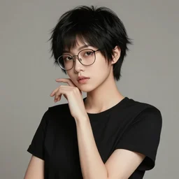 portrait of an asian trans girl with very short black hair and glasses, shaggy haircut, wearing a black t-shirt, digital art, elegant pose, masterpiece
