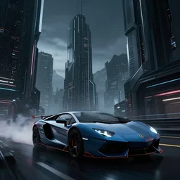 epic digital art of photorealistic synthwave lamborghini driving through futuristic very dark hard edged city towers with thin glowing neon edges from tron movie, faint tall mountains in background, wlop, pixiv, by beeple