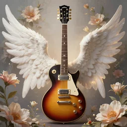 high detailed digital painting of a gibson electric guitar, beautiful flowers, angel wings, symmetrical guitar, golden ratio, rule of thirds, flowers in background, flowerpunk, guitarcore, elegant, volumetric light