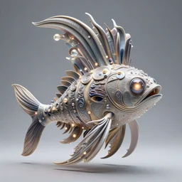 angler fish sculpture, stylized layered shapes, long flowing fins, bioluminescent orbs, 3 d render, substance painter, glowing eye, intricate, highly detailed, lifelike, smooth, sharp focus, art by h r giger