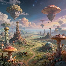 a view of a surreal alien variated planetary fractal landscape with gigantic and small exotic fungus of varying sizes scattered across the vast landscapes, surreal clouds, floating islands, 4 k, retro, detailed, vibrant, weird skies, extradimensional, stars, trending on artstation