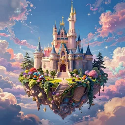 a floating island, on the island is a huge beautiful rococo fairy castle within a magic forest, blue sky with fluffy clouds vibrant colors candyland wonderland by artgerm and greg rutkowski and magali villeneuv art beeple, by thomas kinkade hearstone league of legends dofus beatrix potter