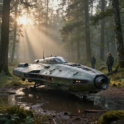 military hard surface spaceship in the forest, sunrise, puddles of water, by jakub rozalsky and simon stalenhag and ivan shishkin