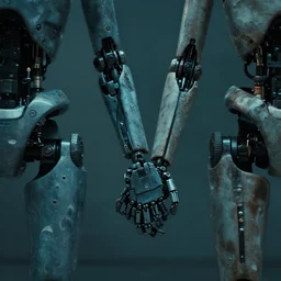 vfx film closeup, dead robot couple holding hands, flat color profile low - key lighting award winning photography arri alexa cinematography, hyper real photorealistic cinematic atmospheric cool colorgrade