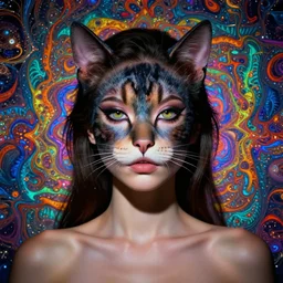 lsd, acid trip, a beautiful woman with ( cat ) features, dramatic lighting, by lois van baarle, ross tran, greg rutkowski, ultra detailed colorful repeating fractals in the background by moebius, beeple, artstation
