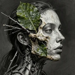 a womans face in profile made of leaf skeleton and twigs in face in the style of the beeple and wlop, intricate details, trending in art station, charcoal, beautiful