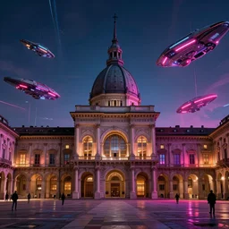 piazza san carlo in turin in the style of blade runner, spaceships in the sky, neon lights, futuristic, cyberpunk, sharp focus, matte painting, artstation