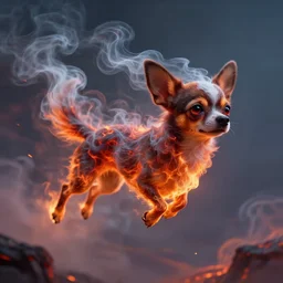 chihuahua made of smoke, lava and fire flying in the sky ; chihuahua flying in the sky ; chihuahua flying in the sky ; dmt entity ; lsd art, trending on artstation, style greg rutkowski