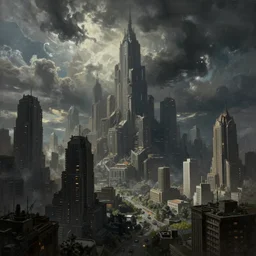 a Dystopian gothic surrealism painting of a cyberpunk megalopolis extending up into the sky