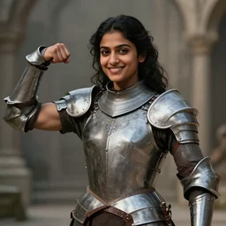 young indian woman knight of camelot, strong, muscular, smiling, digital portrait by greg rutkowski, intricate, soft focus, highly detailed, cinematic, epic, artstation