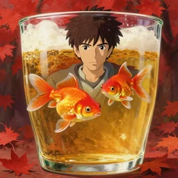 an epic fantasy comic book style portrait painting of a goldfish swimming in a full glass of beer, studio ghibli, no red colour, unreal 5, daz, hyperrealistic, octane render, cosplay, rpg portrait, dynamic lighting, intricate detail, harvest fall vibrancy, cinematic