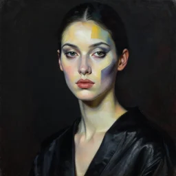 hyperrealism mixed with classicism, oil painting, close - up portrait of fashion model with abstract and surrealism painting at skin, fully clothes in black reflect robe, complete darkness, in style of classicism mixed with 8 0 s sci - fi hyperrealism