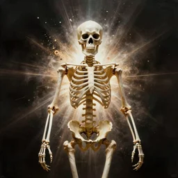 Exploding human skeleton, negative, particles flying outward, in the style of Stanley Kubrick