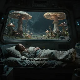 film still of a bedroom in a small research station on an alien planet, windows showing outside mushroom vegetation with giant mushrooms, a woman sleeping in a sleeping bag, calm and dark science fiction atmosphere, screenshot from a ridley scott film,