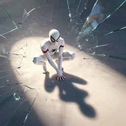 spider - man, long shadow, light colors, white magic, web, by greg rutkowski, multiple dimensions, shattered glass, refractions, highly detailed, environmental light, cinematic by francis tnehunreal, octane render, nvidia, concept art, close up