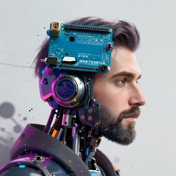 Beautiful Photo of Arduino Uno in the robot's head. beard man profile view. Cyberpunk. splatterpunk. 4K
