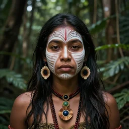 beautiful portrait of a plant teacher spirit uchu sanango in the jungle, tribal face paintings, ayahuasca, matte painting