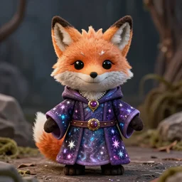 dungeons and dragons foxfolk wizard druid as a chibi muppet plush wearing an ethereal star filled mage robe inspired by Aaravos from dragon prince, photorealistic, photography, national geographic, sesame street