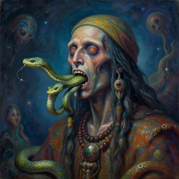 a painting of a psychedelic shaman with snakes coming out of his mouth, a surrealist painting, polycount, behance, surrealism, surrealist, lovecraftian, cosmic horror, grotesque