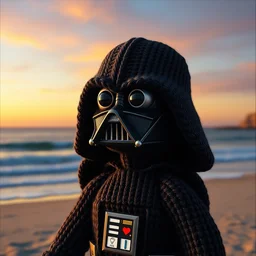 a photorealistic photograph of a knitted elmo style puppet darth vader. style of sesame street. hyper detailed, oil on canvas. beach at sunset. this 4 k hd image is trending on artstation, featured on behance, well - rendered, extra crisp, features intricate detail, epic composition and the style of unreal engine.