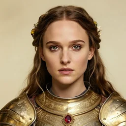 head and shoulders portrait of a female knight, young natalie portman, golden etched armor, ruby amulet, lord of the rings, celtic hair braid with flowers, eldritch, by artgerm, alphonse mucha, face detail, etched breastplate, sharp focus, high key lighting, vogue fashion photo