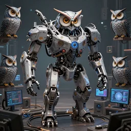 an army of evil, malevolent, giant robot mechanical cyborg owls surrounded by computers and computer screens. this 4 k hd image is trending on artstation, featured on behance, well - rendered, extra crisp, features intricate detail and the style of unreal engine. volumetric lighting octane render