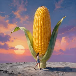 giant corn flower head, girl walking on the moon, surreal photography, sunrise, dramatic light, impressionist painting, colorful clouds, digital painting, artstation, simon stalenhag