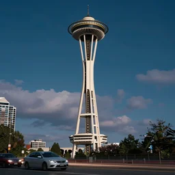 a beautiful and balanced vaporwave scene depicting outrun and the space needle