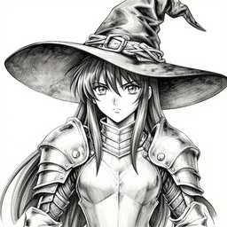 portrait of anime woman wearing witch hat in armor, pen and ink, intricate line drawings, by craig mullins, ruan jia, kentaro miura, greg rutkowski, loundraw