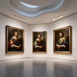 interior futuristic art gallery wide angle highly detailed by santiago calatrava, three wall hanging paintings famous pieces by caravaggio!, captivating 8 k hdr, octane render godrays hyperrealism
