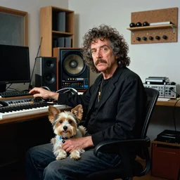a color photograph of one white man, alone, who looks sort of like Jerry Garcia and sort of like Frederick Douglass, with his hyperactive little dog, in his basement studio, trending on artstation, hyperrealism