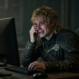igor igperaet at the computer in the elden ring and cries bitterly, realism, photo, 8 k quality